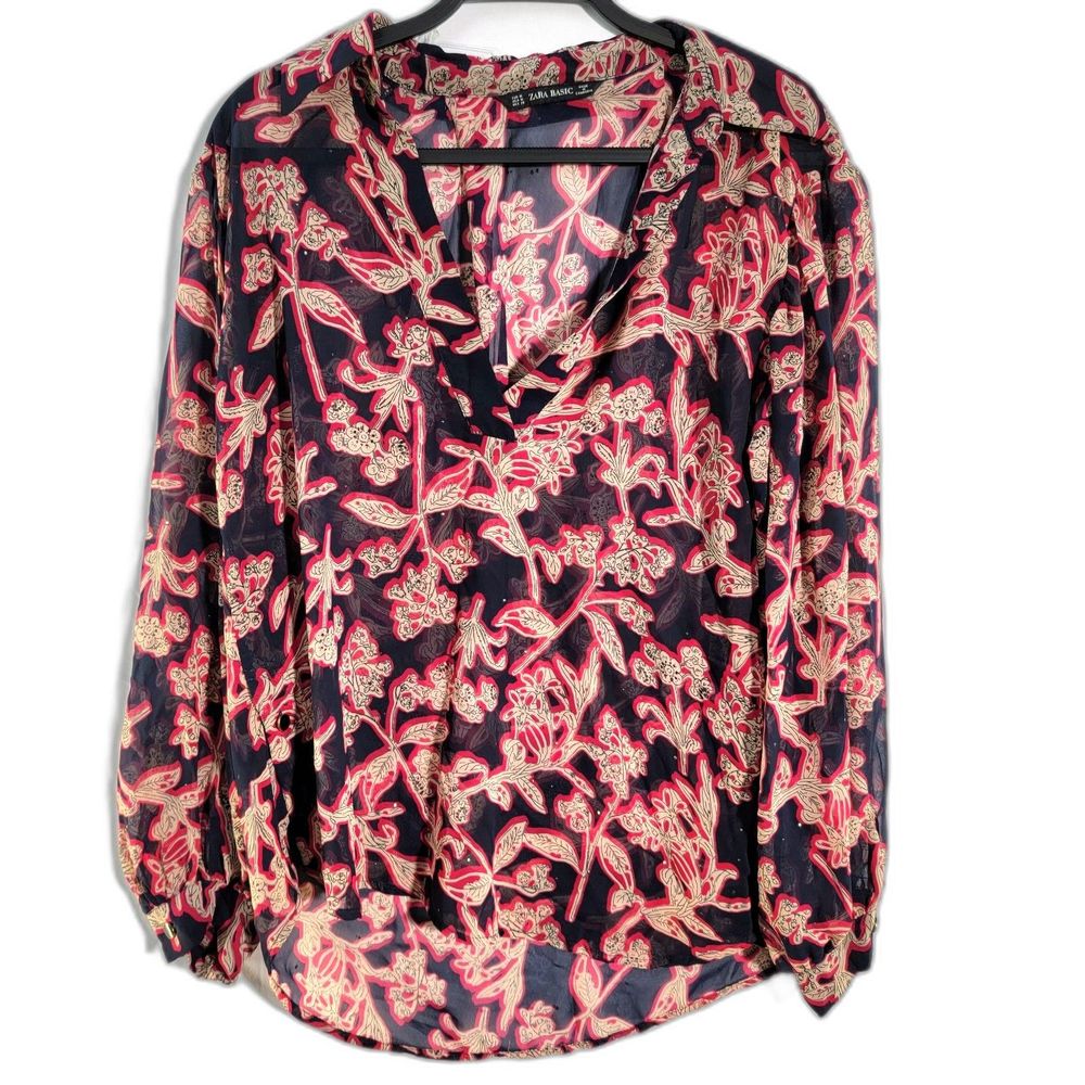 ZARA V Neck Semi-Sheer Floralprint Black Red Long Sleeve Top Work Blouse Shirt M